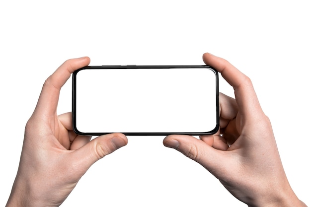 Mock Up. Man Hand Holding The Black Smartphone With Frame Less Blank Screen And Modern Frameless Design, Vertical-isolated On White Background. 클리핑 경로. Ui 디자인 인터페이스.