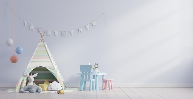 Mock-up muur in de kinderkamer met kindertent in lichtblauwe muur achtergrond 3D-rendering