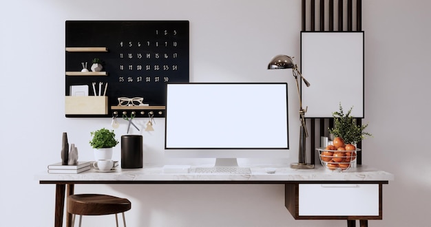 Mock up office table desk blank computer screen in office modern room 3d rendering