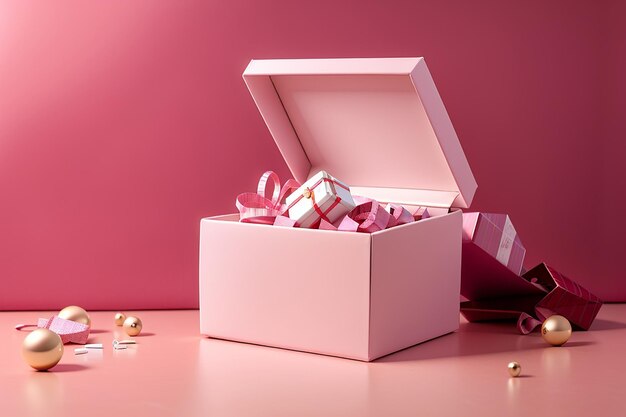Mock up of open gift box on pink space