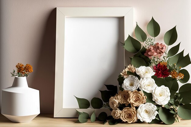 A mock up photo frame in a contemporary setting Wall decor made from a bouquet of paper flowers