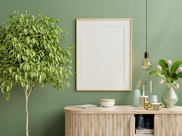 Mock up photo frame green wall mounted on the wooden cabinet with beautiful plants.3d rendering