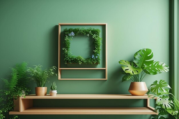 Photo mock up photo frame green wall mounted on the wooden cabinet with beautiful plants3d rendering