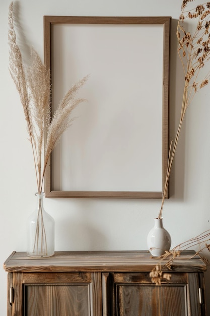 Photo mock up photo frame on the wall with plants in vases above a wooden chest of drawers