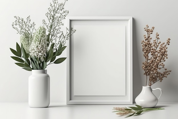 A mock up of a photo frame with its front blank and white Desk with a vase of flowers and a photo frame Willow twigs in a springtime arrangement of flowers on a background of a white wall