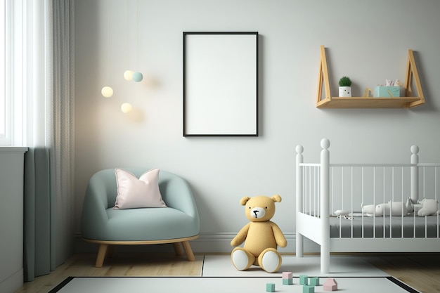 Mock up of a picture frame in a kids room with good furniture and a blank space for a picture