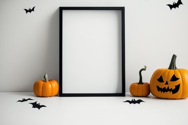 Mock up picture frame with pumpkin and Jack o lantern decorations on a table Halloween related idea poster frame with bats against a white wall