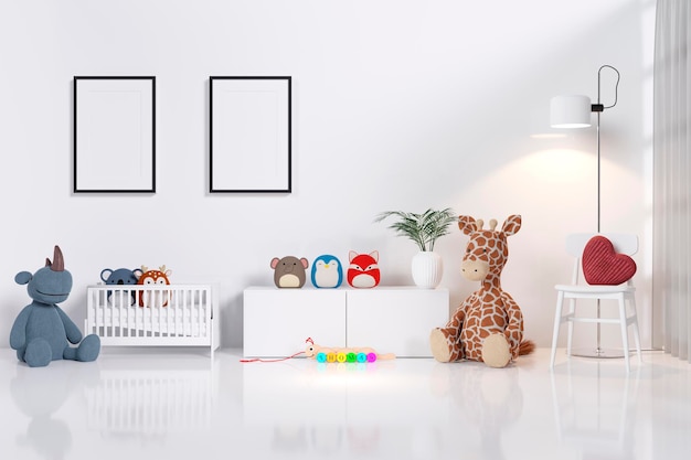 Mock up picture frames in a white nursery room 3d rendered illustration