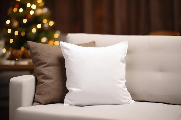 Mock up of plain white blank pillow on sofa Christmas tree lights on background Generative AI illustration