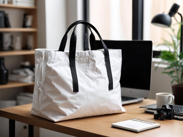 Photo mock up a plain white polyester fabric tote bag with black handles