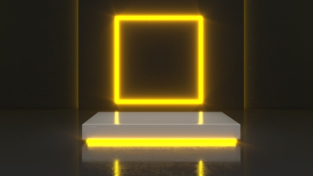 Mock up podium for product presentation,3D render,Mock-up square plinth neon light background