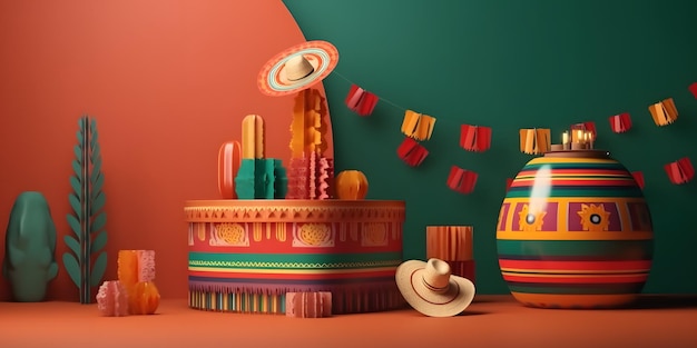 Mock up podium with Cinco de Mayo background Generative Ai Copy Space