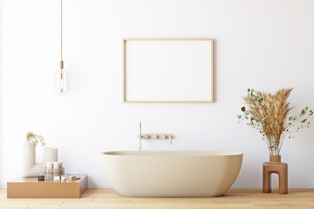 Mock up poster bathroom with a white wall and a white tub with a wooden frame that