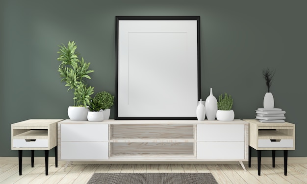 Mock up poster cabinet wooden on green room living japanese design