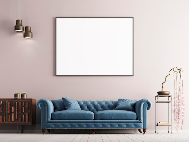 Mock up poster in classical style interior with blue sofa and plant 3d render