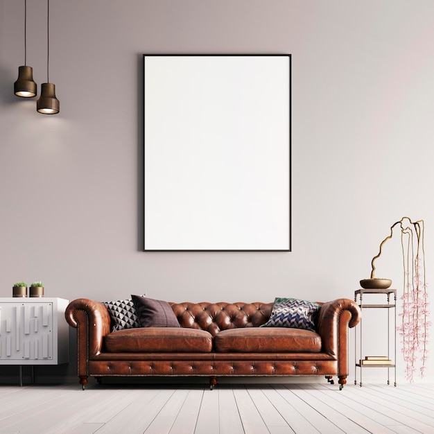 Mock up poster in classical style with leather sofa and plant 3d render