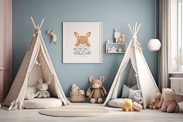 Mock up poster frame in children bedroom Scandinavian style interior background 3D render 3D illuso