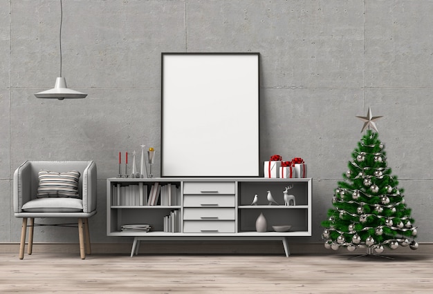 Mock up poster frame Christmas interior living room. 3d rendering