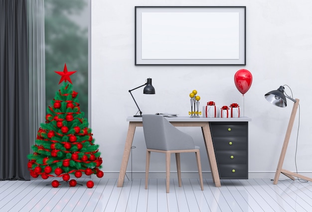 Mock up poster frame Christmas interior workspace room. 3d render