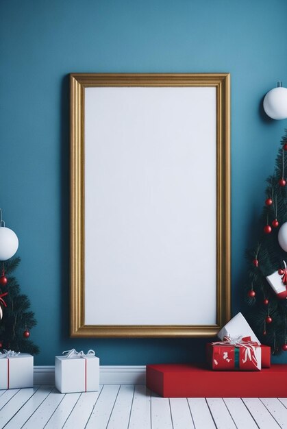 Mock up poster frame in classic interior background with Christmas tree 3d render illustration