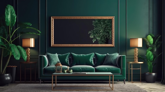 Mock up poster frame in dark green living room interior ethnic style 3d render