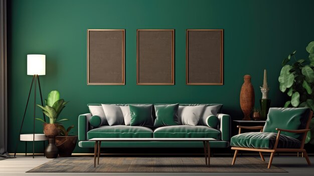 Mock up poster frame in dark green living room interior ethnic style 3d render