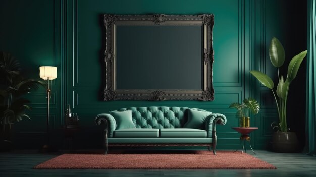 Mock up poster frame in dark green living room interior ethnic style 3d render