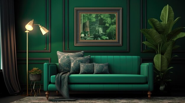 Mock up poster frame in dark green living room interior ethnic style 3d render