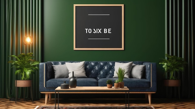 Photo mock up poster frame in dark green living room interior ethnic style 3d render