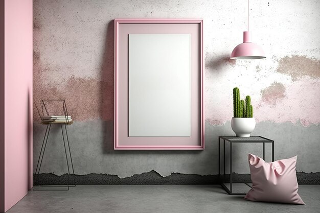 분홍색 색상과 콘크리트 벽 그림으로 힙스터 내부 배경의 포스터 프레임을 조롱합니다.