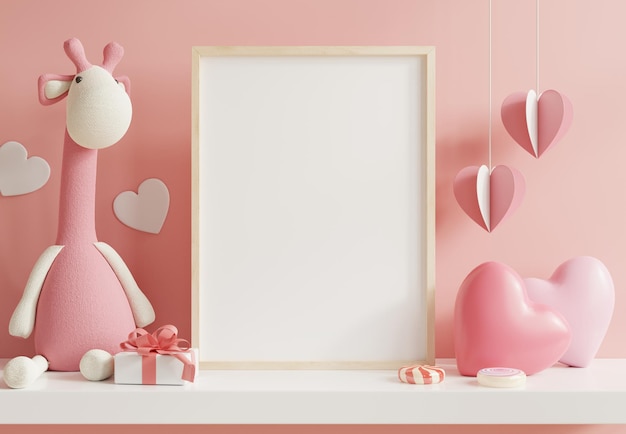 어린이 방, 어린이 방, 발렌타인 데이.3d 렌더링에서 포스터 프레임을 조롱합니다.