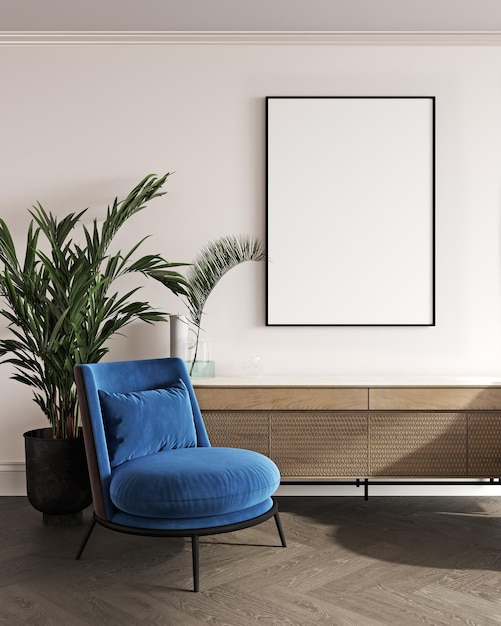 Фото Макет рамки плаката на фоне современного интерьера с синим креслом и растением в комнате 3d-рендеринга