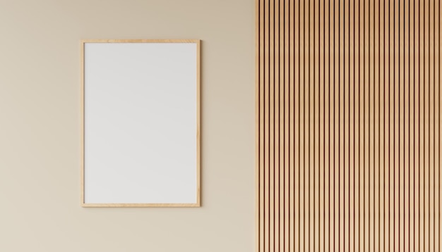 Фото Макет рамки плаката в современном дизайне интерьера гостиной с использованием деревянных стеновых панелей 3d визуализация 3d иллюстрация