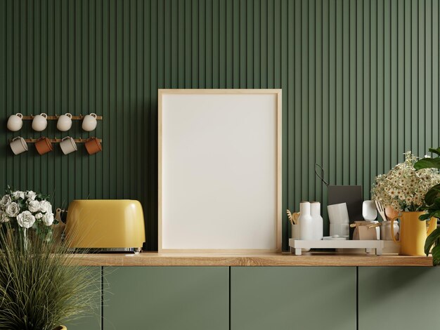 Mock up poster frame in kitchen interior and accessories with dark green wooden slatted wall background