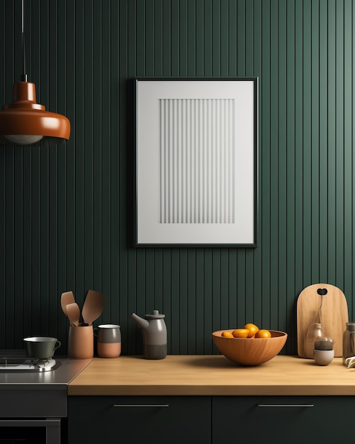 Mock up poster frame in kitchen interior and accessories with dark green wooden slatted wall