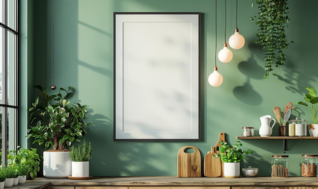 Mock up poster frame in kitchen interior on empty green color wall background Mockup frame