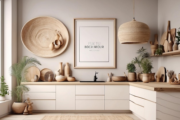 スカンジボー・スタイルのキッチンインテリアのモックアップポスターフレーム 3Dレンダー