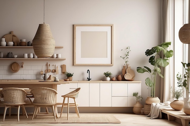 Mock up poster frame in kitchen interior Scandiboho style 3d render