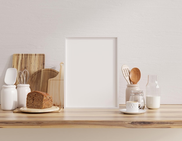 Photo mock up poster frame in kitchen interior with white wall on wood shelf