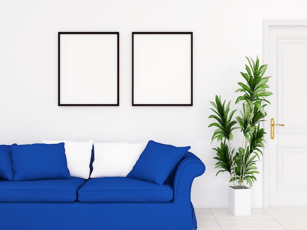 Photo mock up poster frame in living room scandinavian decoration 3d render