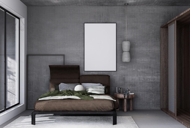 Mock up poster frame in modern interior fully furnished rooms background bedroom