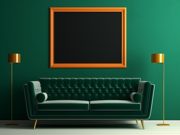 Мок-фрейм плаката в современном интерьере на зеленом фоне