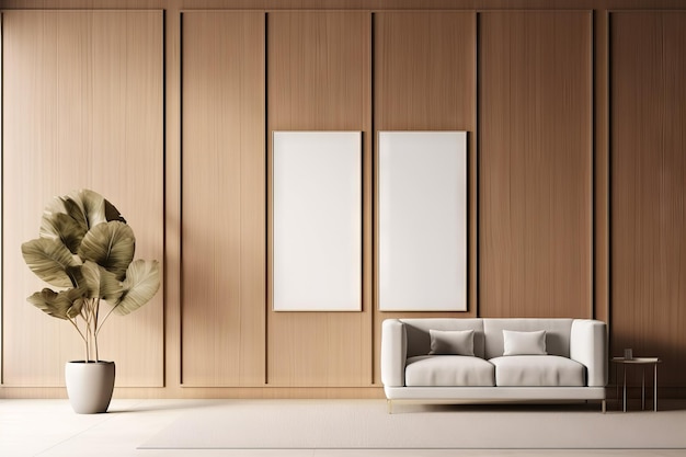 モダンなリビングルームのインテリアデザインの背景で木製の壁のパネルを使用してポスターフレームをモックアップする Generative ai