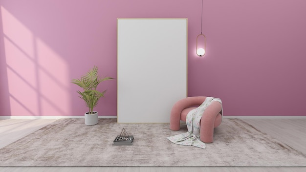 Mock up poster frame in pastel pink kitchen interior, 3d render