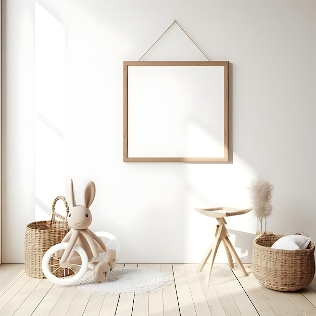 Mock Up Poster Frame In White Cozy Children Room Interior Background 3D Render