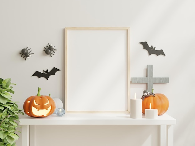 Макет рамки плаката на белом столе с украшением хэллоуина на белом фоне стены
