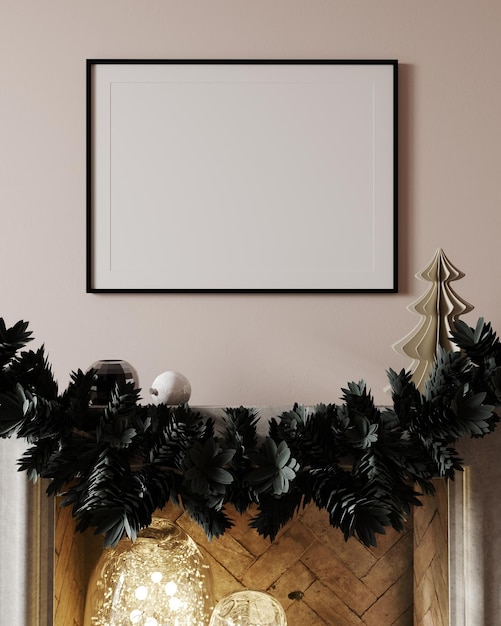 Mock up poster frame with Christmas decoration and fireplace in home interior, Scandinavian style, 3d render