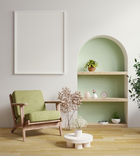 Photo mock up poster frame with green armchair in modern interior background