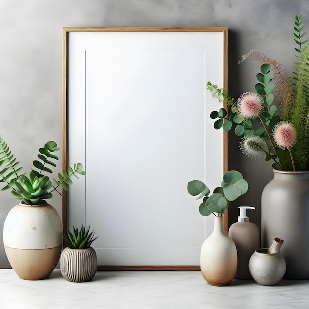 Mock up poster frame with green plants in vases 3d rendering