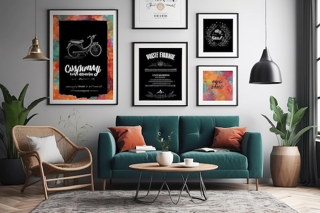 Mock up poster frames in hipster interior background 3D render